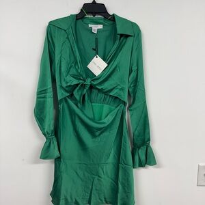 Green Tie Front Wrap Dress with Bell Sleeves